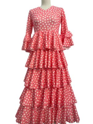 traje flamenca niña rosa lunar blanco